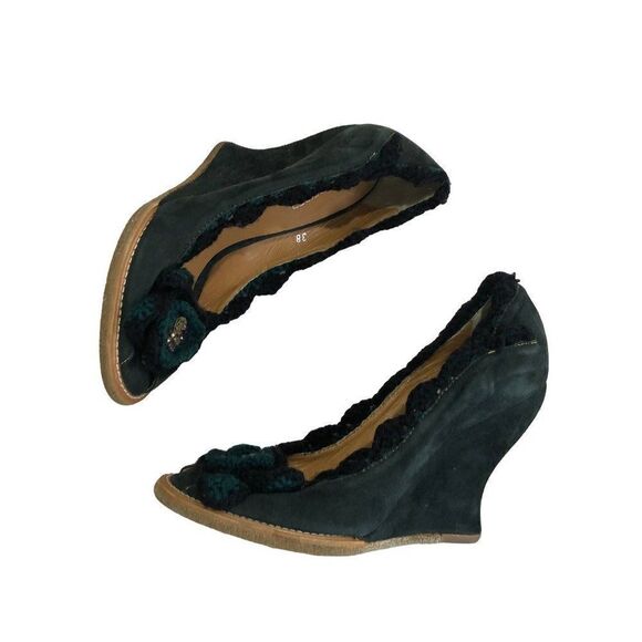 Kurt Geiger London Boho Crotchet Trim Velvet Wedge Heels Shoes - Picture 1 of 10